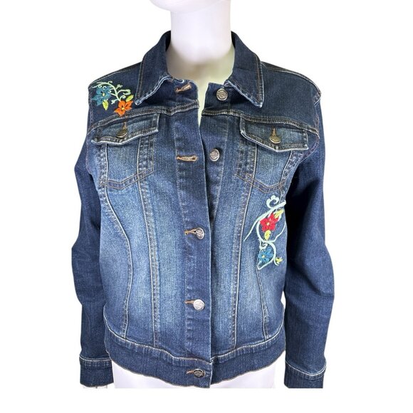 Harley Davidson Blue Jean Denim Jacket Embroidered Flowers & Bird Womens Sz L - Picture 1 of 9